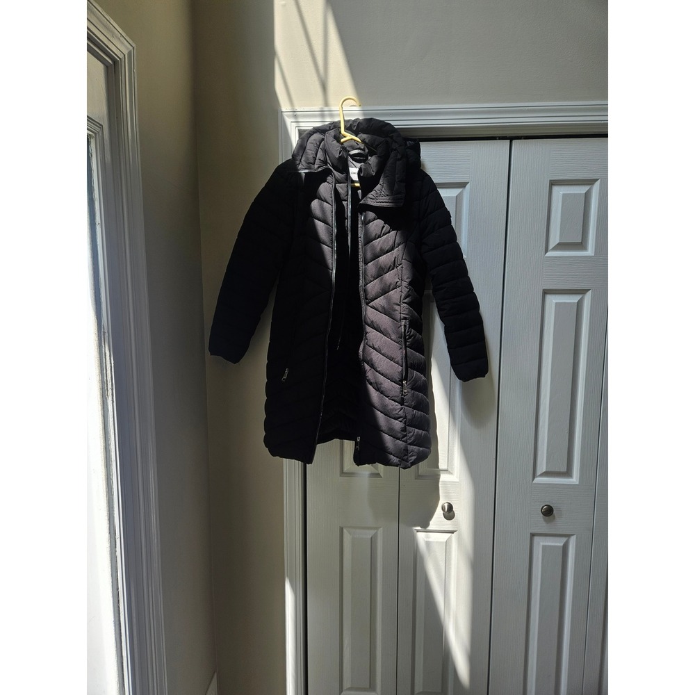 DKNY Womens Black Chevron Quilted Long Puffer Coat Water Resistant Hooded Medium